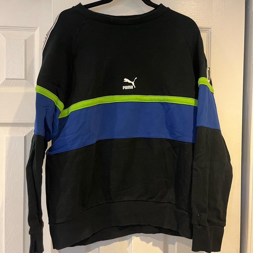 Puma Black and Blue Crewneck Sweater with Color-Block Design